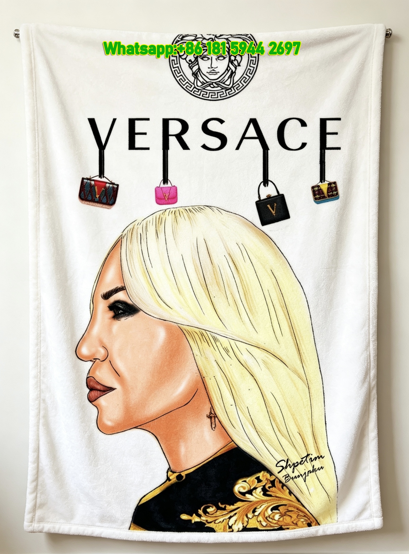 Versace White Background Blonde Hair Fashion Illustration Medusa Head V Logo Handbag Print Flannel Throw Blanket Luxury Sofa Cover Blanket IMG_1683